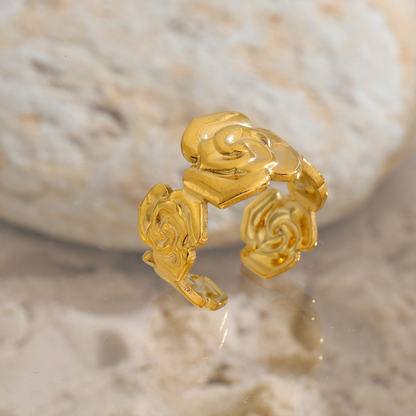 18K Gold Rose Flower Cuff Bangle – Open Adjustable
