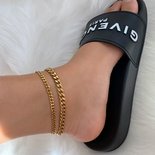 2Pcs Stackable Cuban Link Chain Anklet Set – Gold Plated Minimalist Foot Jewelry