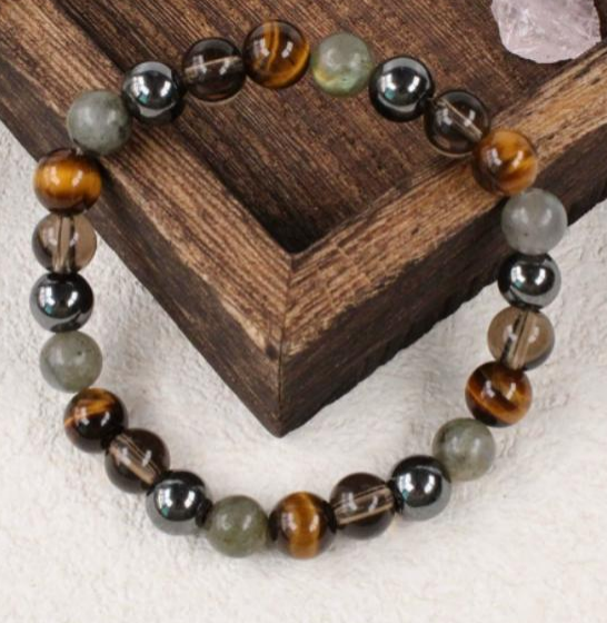 Tiger Eye, Hematite & Smoky Quartz Multi-Stone Stretch Bracelet – Unisex Natural Gemstone