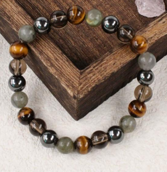 Tiger Eye, Hematite & Smoky Quartz Multi-Stone Stretch Bracelet – Unisex Natural Gemstone