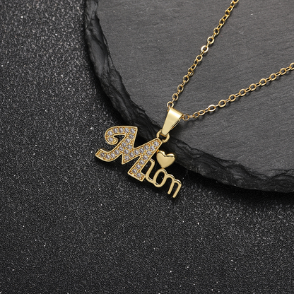 Mom Heart Pendant Necklace – Gold Plated Zircon Letter Charm