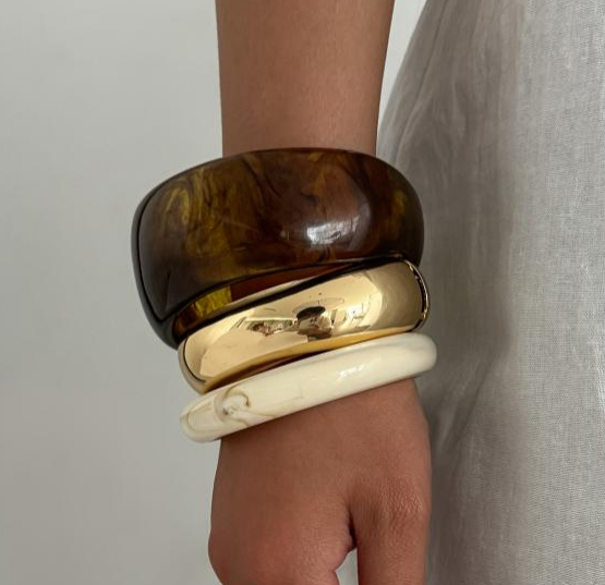 Chunky Wide Resin & Metal Bangle Set – 18K Gold Plated
