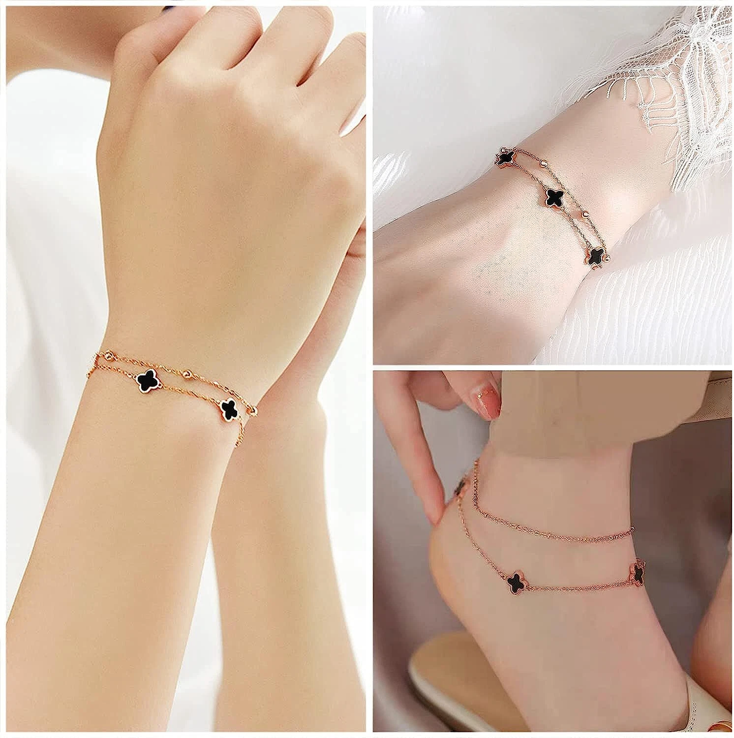 14K Rose Gold Plated Layered Clover Chain Bracelet