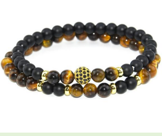 Matte Onyx & Tiger Eye Stone Bead Bracelet Set – Gold CZ Ball Unisex Stack