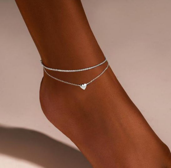 Bohemian Double Layer Heart Charm Anklet – Silver Plated Hypoallergenic
