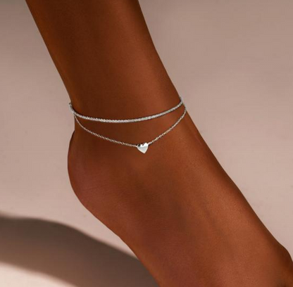 Bohemian Double Layer Heart Charm Anklet – Silver Plated Hypoallergenic