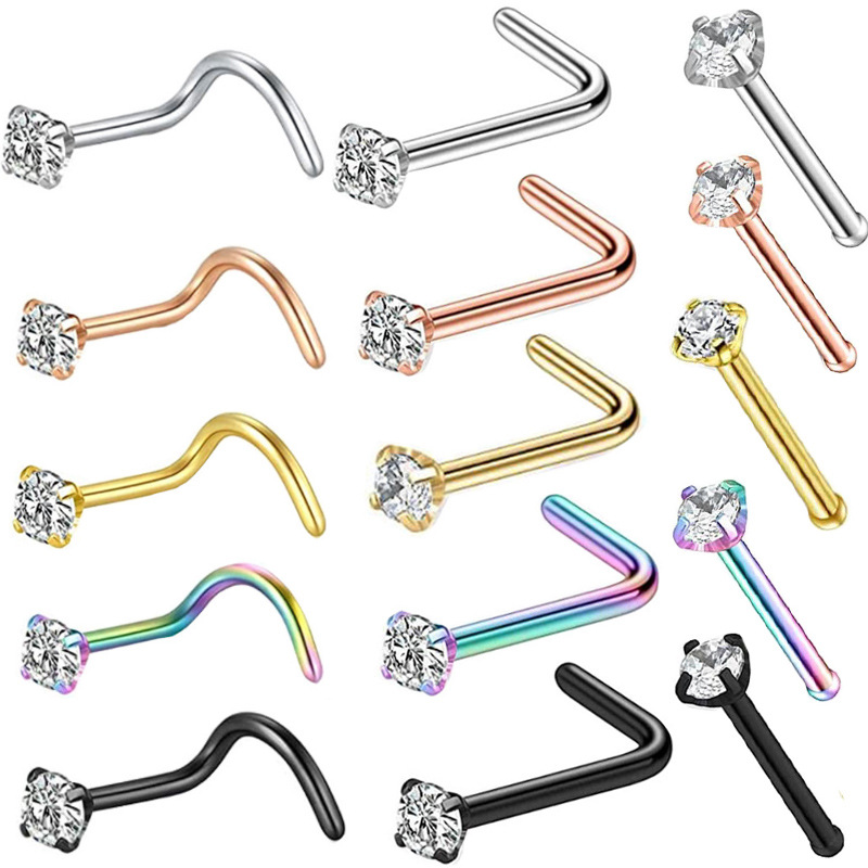 Crystal Zircon Nose Stud – Stainless Steel Screw & L-Shaped Nose Piercing