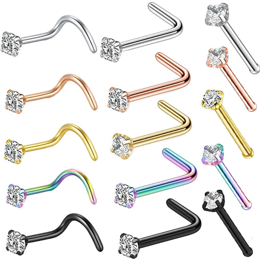 Crystal Zircon Nose Stud – Stainless Steel Screw & L-Shaped Nose Piercing