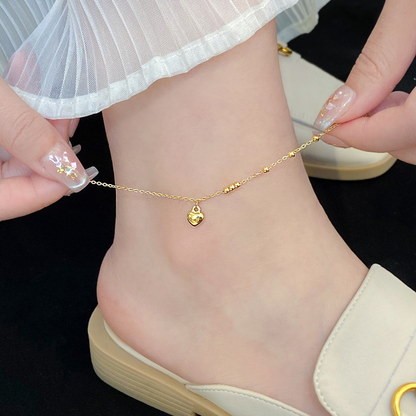 Minimalist 18K Gold Bead & Heart Charm Anklet – 316L Stainless Steel PVD Plated