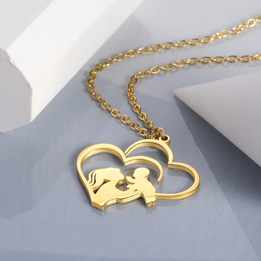 Double Heart Mother & Child Pendant Necklace – Gold & Silver Stainless Steel