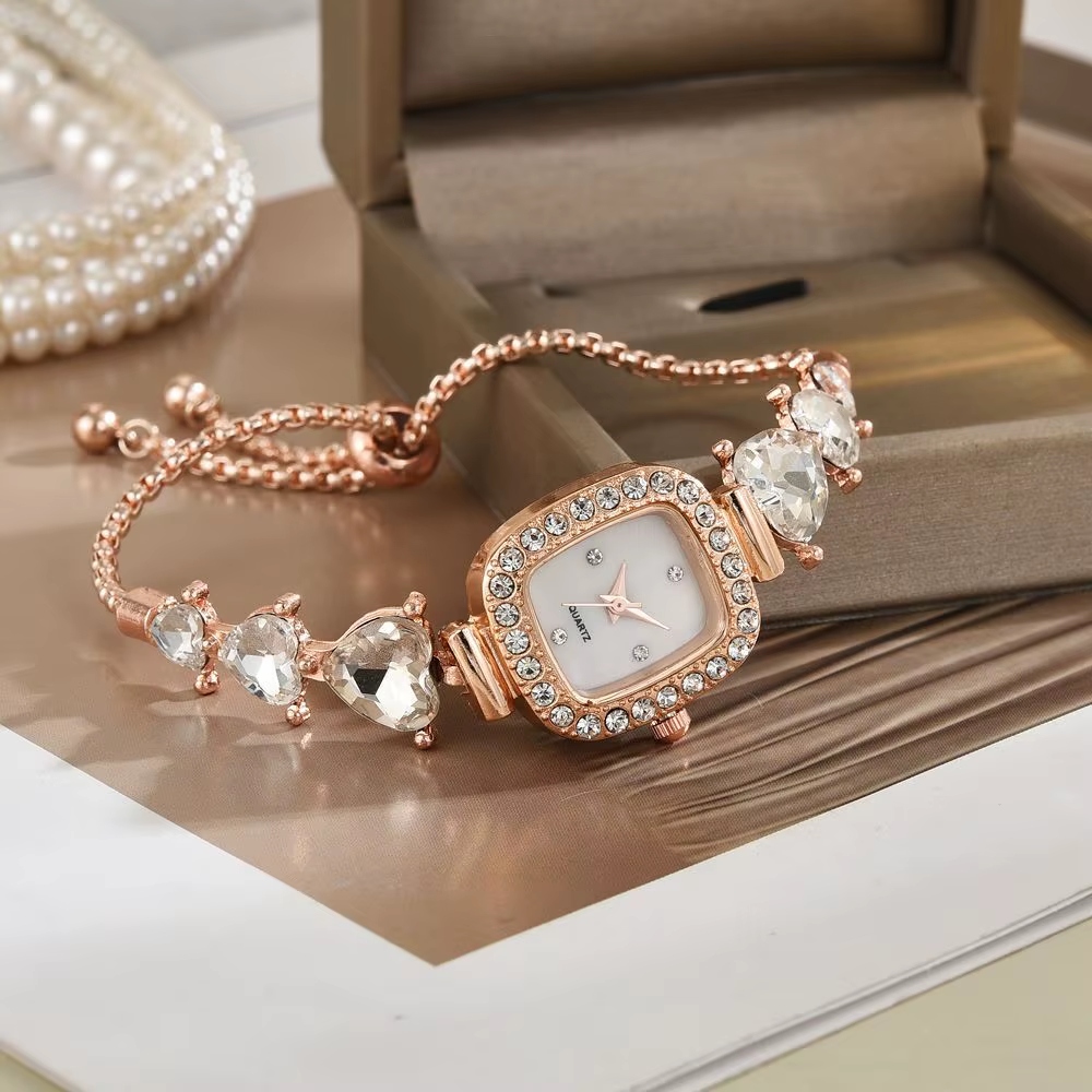 Fashion Rectangle Quartz Wrist Watch for Women – Luxury Heart Rhinestone Crystal Bracelet